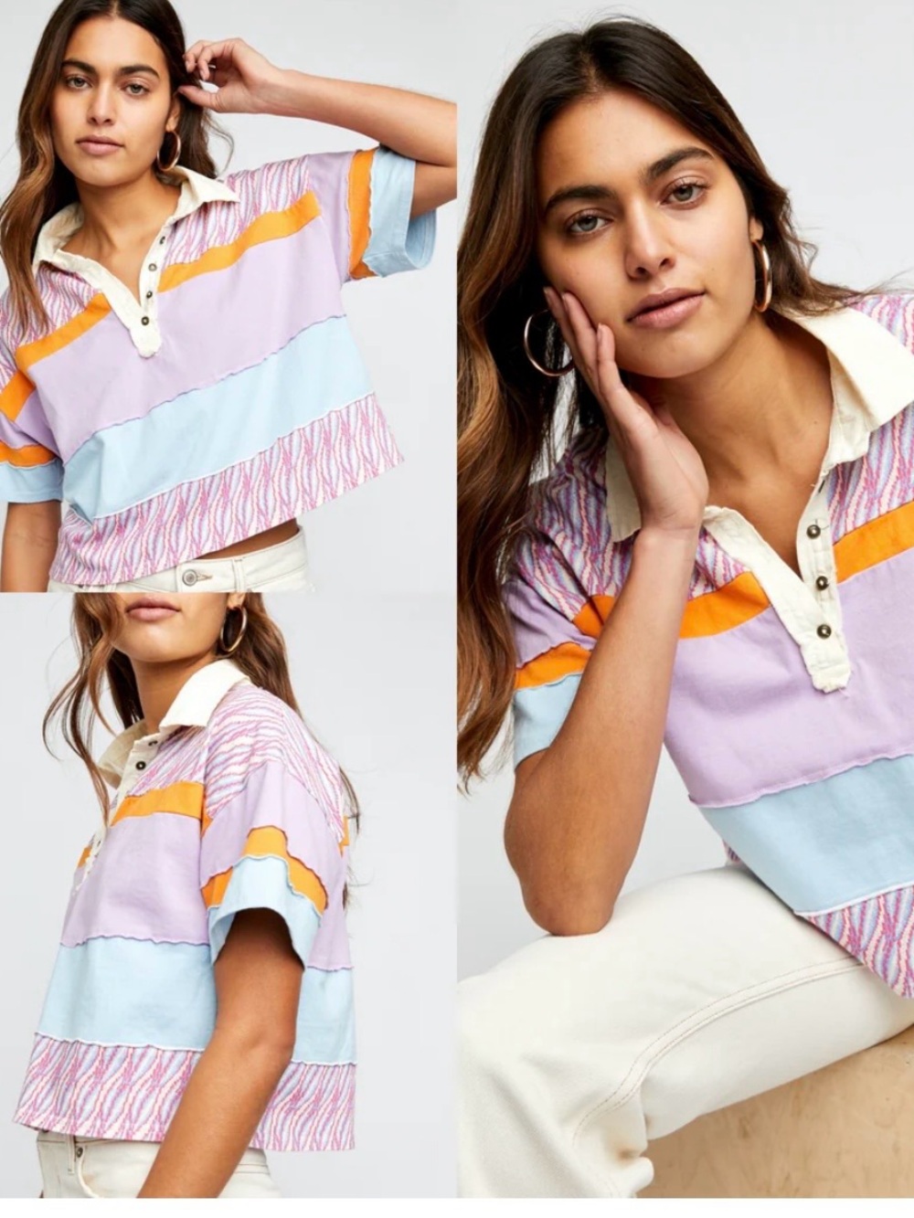 We The Free Lavender  Polo Crop with Sky Blue & Orange Stripes Colour Block Top